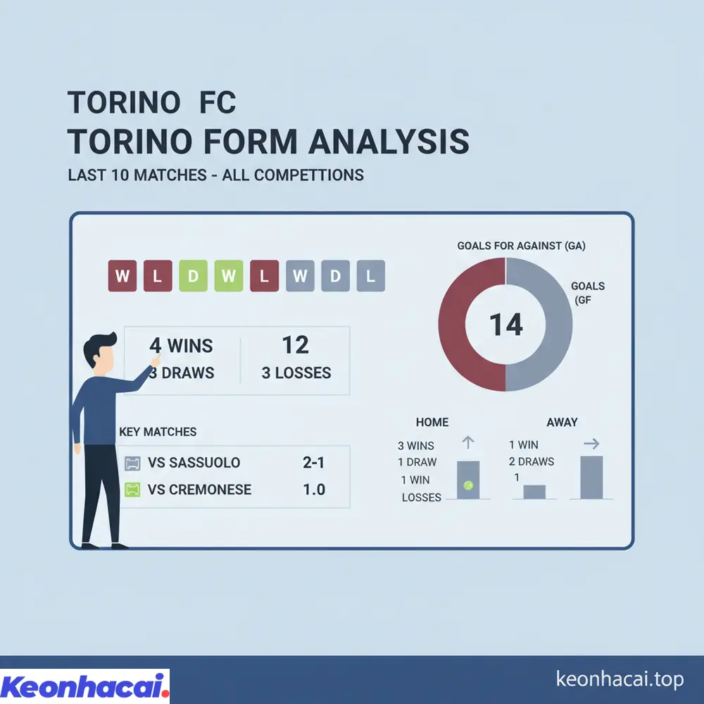 Phân tích chi tiết phong độ của Torino trong 10 trận gần nhất với 4 thắng, 3 hòa, 3 thua, cùng xu hướng ghi bàn ổn định