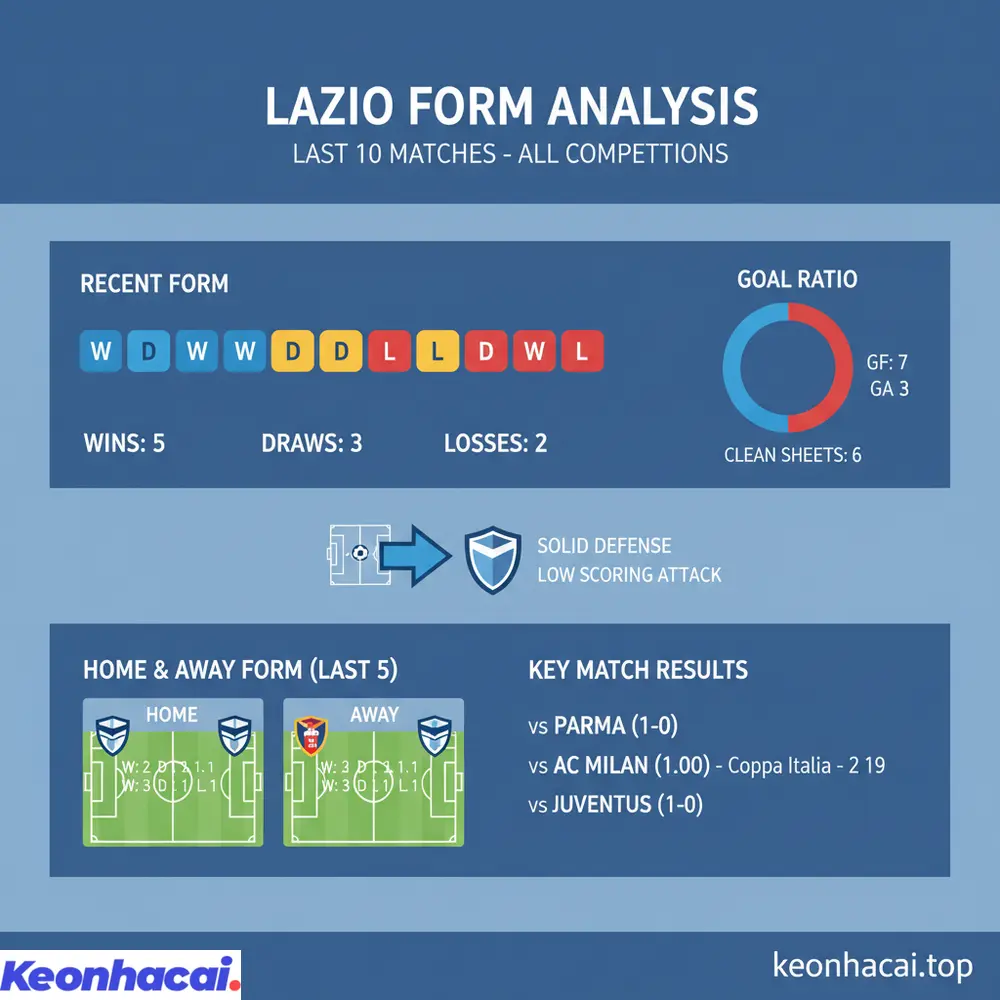Phân tích 10 trận đấu gần đây của Lazio, nổi bật là chuỗi bất bại cùng khả năng giữ sạch lưới tốt