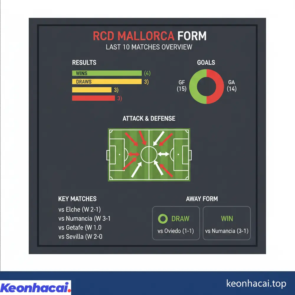 Mallorca thể hiện phong độ tốt hơn với 4 chiến thắng và 3 hòa trong 10 trận gần đây, hàng công ghi được 15 bàn
