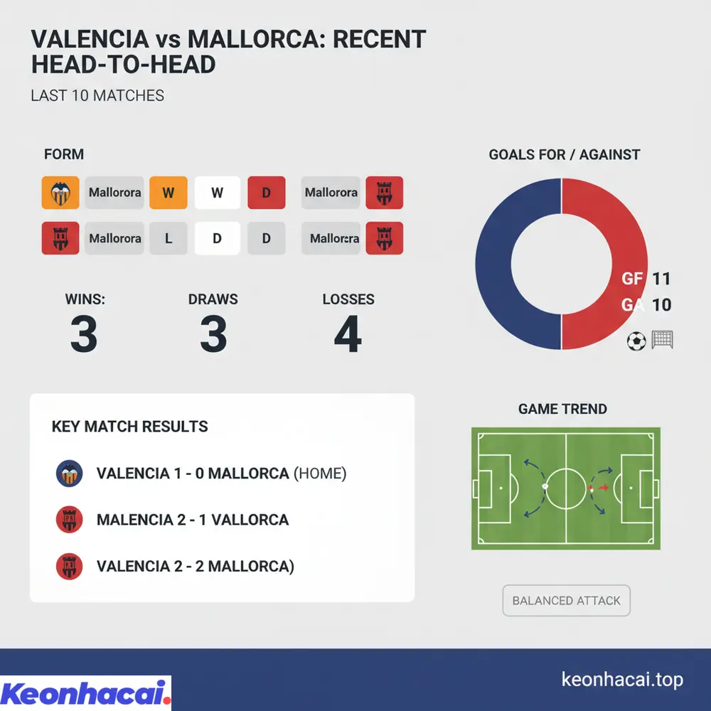 Lịch sử đối đầu gần đây giữa Valencia vs Mallorca khá cân bằng, với xu hướng nhiều trận đấu có ít bàn thắng