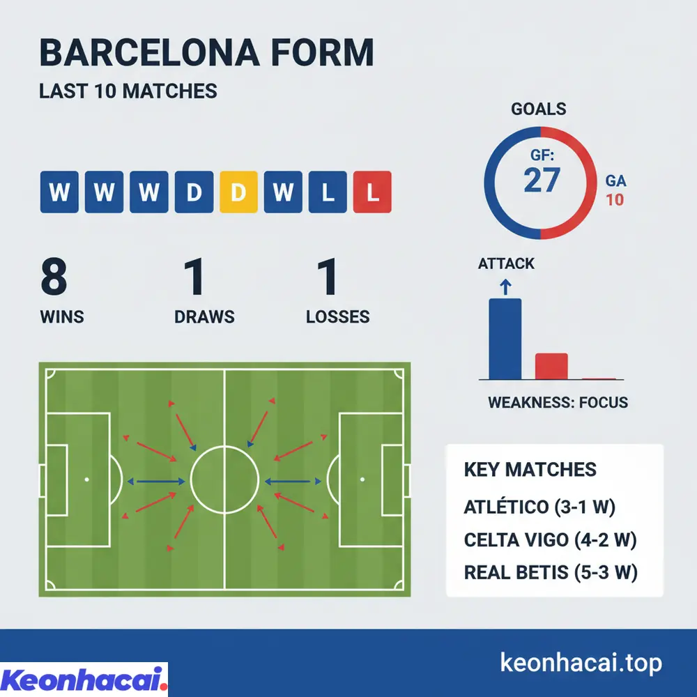 Thống kê ấn tượng về 8 chiến thắng trong 10 trận gần nhất của Barcelona, cho thấy sức mạnh tấn công vượt trội