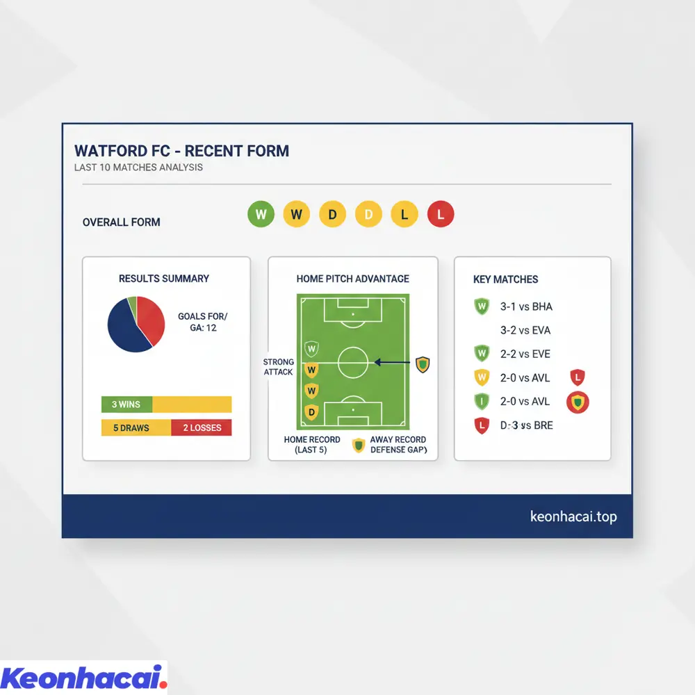 Biểu đồ phong độ gần đây của Watford với 3 thắng, 5 hòa, 2 bại, cho thấy sự thiếu ổn định nhưng khả năng tấn công khá tốt