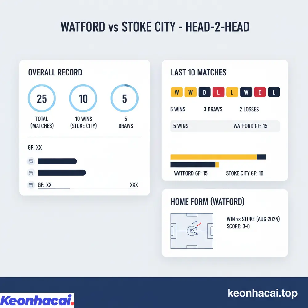 Thống kê lịch sử đối đầu giữa Watford vs Stoke City cho thấy sự cân bằng tổng thể nhưng Watford có phần nhỉnh hơn ở các lần gặp gần đây