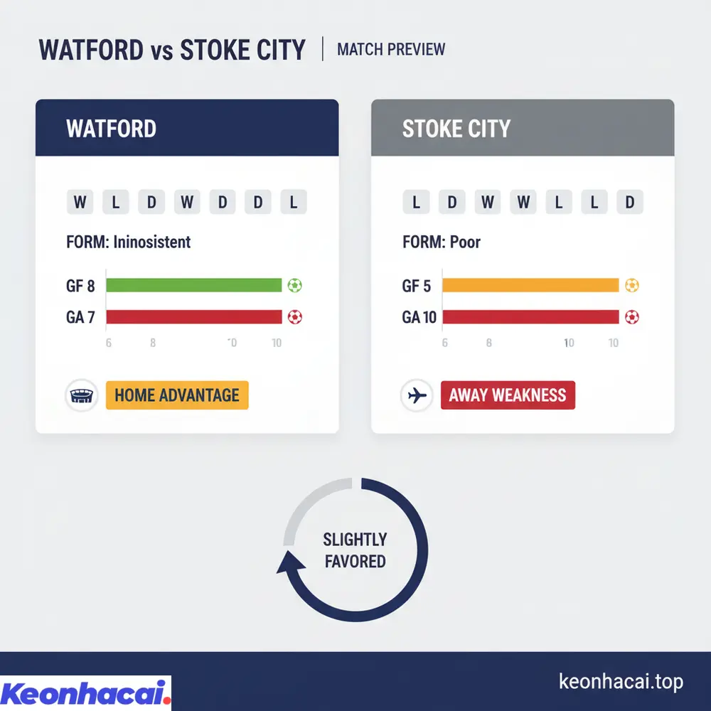Tương quan lực lượng và phong độ của Watford vs Stoke City trước trận đấu, với Watford được đánh giá nhỉnh hơn nhờ lợi thế sân nhà