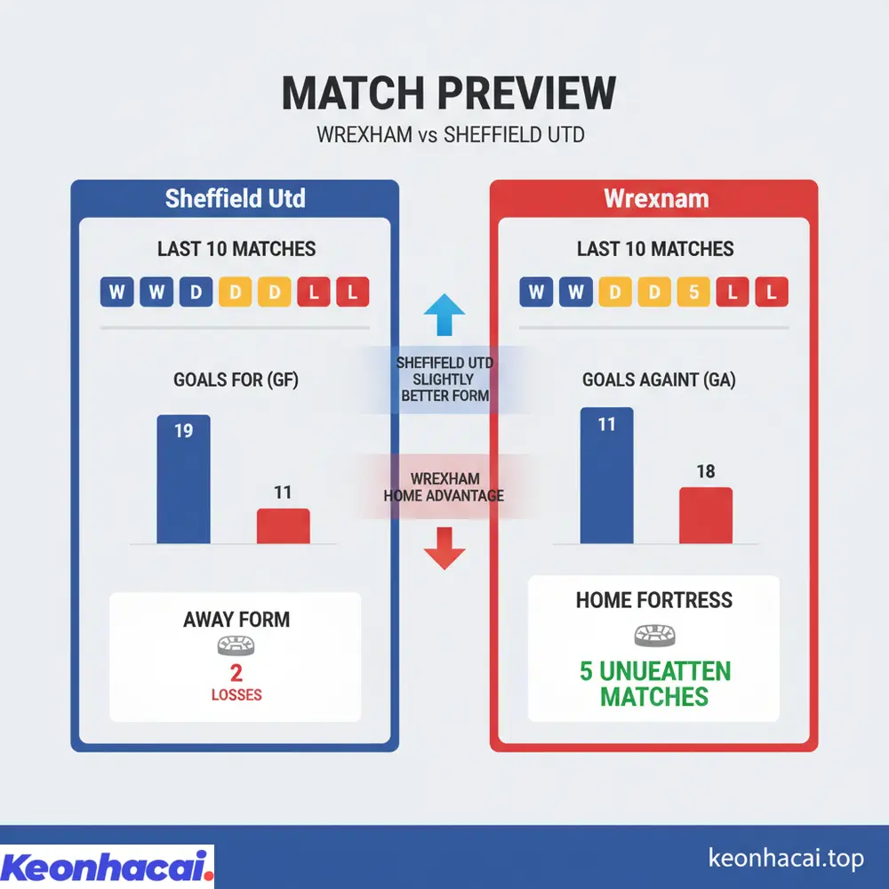 Sheffield Utd được đánh giá nhỉnh hơn Wrexham về phong độ tổng thể, nhưng Wrexham lại sở hữu lợi thế sân nhà đáng kể